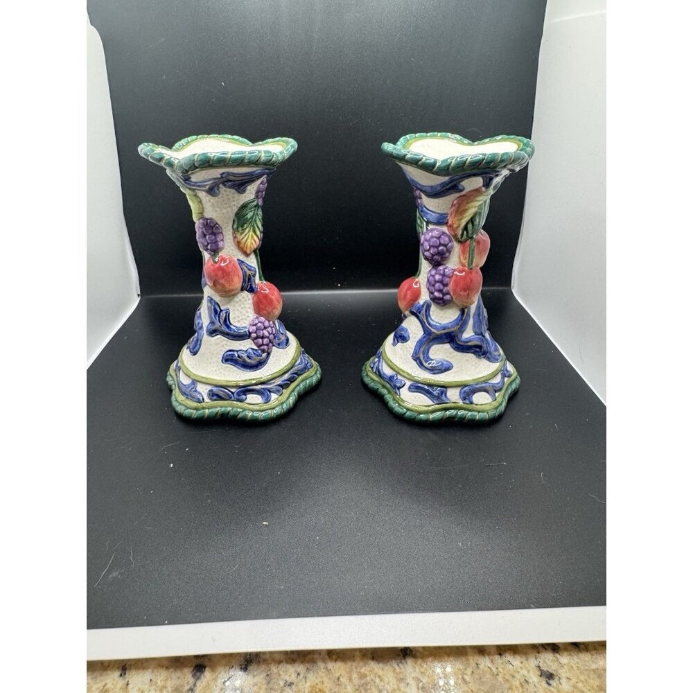 FITZ & FLOYD Classics Pair of 8 1/2” Candlestick Holder in Florentine Fruit
